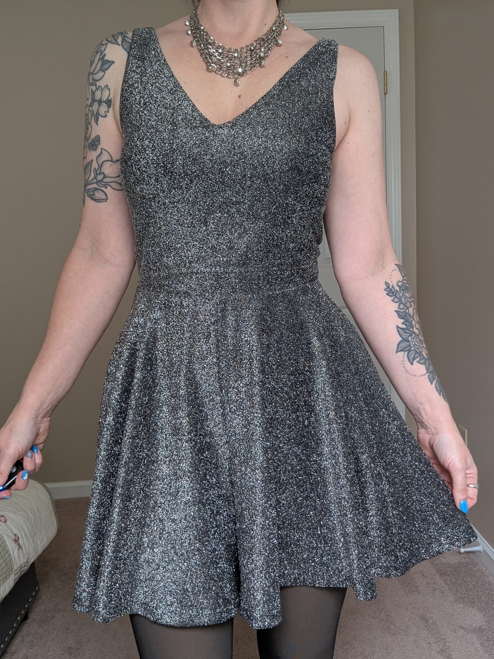 She + Sky Glitter V-Neck Sleeveless Mini Dress - Silver